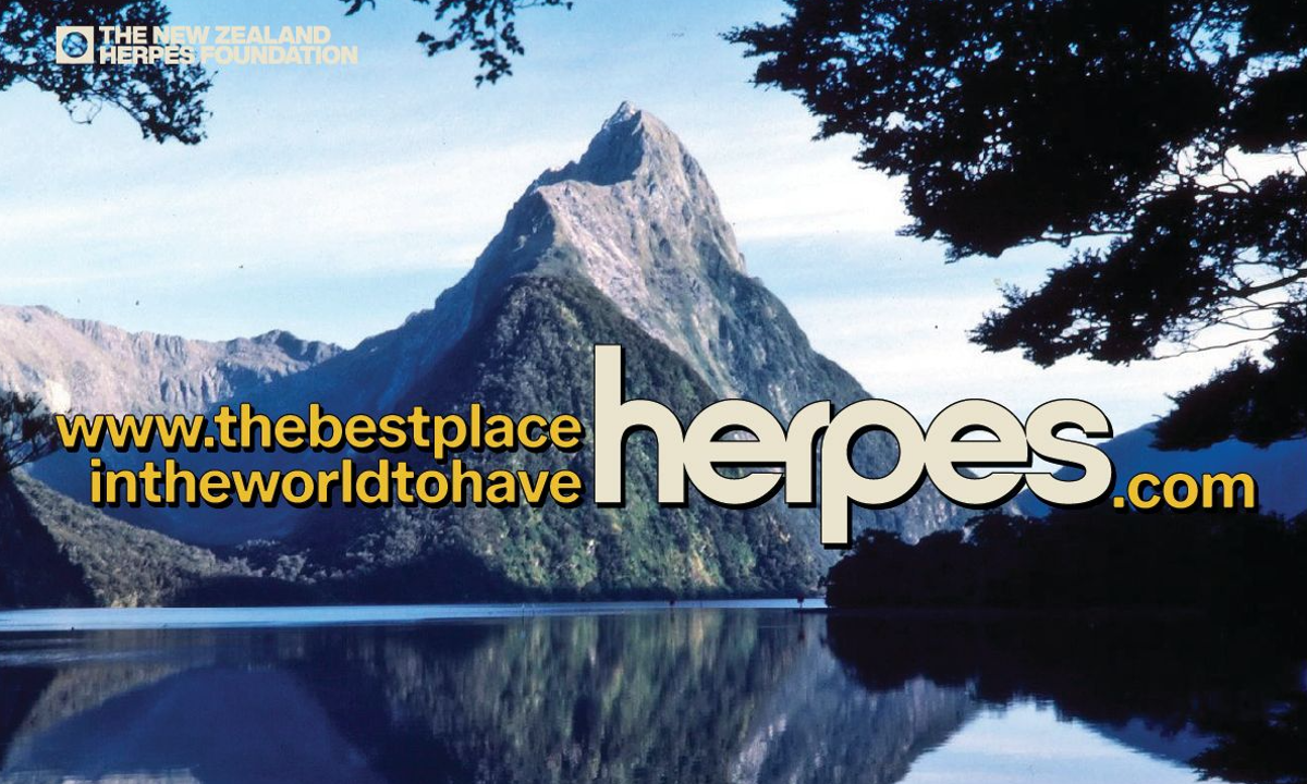 Image showing a postcard with the website www.thebestplaceintheworldtohaveherpes.com, sponsored by The New Zealand Herpes Foundation